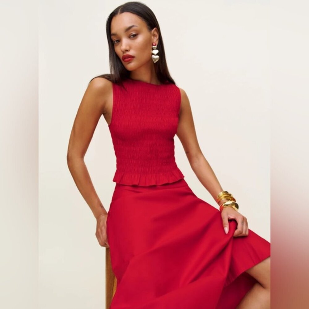 NEW Reformation Laguna Two Piece Matching Midi Skirt Set Lipstick Red US 2 UK 4 - Picture 2 of 14